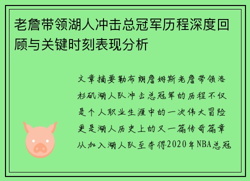 老詹带领湖人冲击总冠军历程深度回顾与关键时刻表现分析 老詹带领湖人冲击总冠军历程深度回顾与关键时刻表现分析