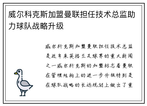 威尔科克斯加盟曼联担任技术总监助力球队战略升级 威尔科克斯加盟曼联担任技术总监助力球队战略升级